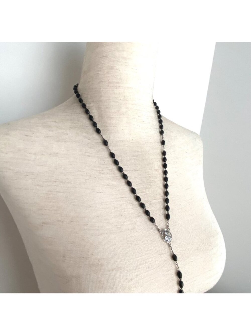 VTG Sterling Silver 925 Italian Black Beaded Rosary Crucifix Cross Y Necklace - Picture 3 of 16